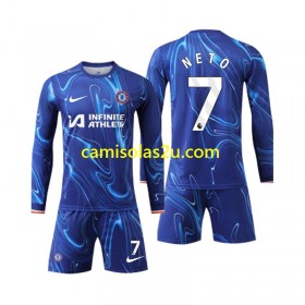 Camisolas de futebol Chelsea Neto 7 Criança Equipamento Principal 2024/25 Manga Comprida